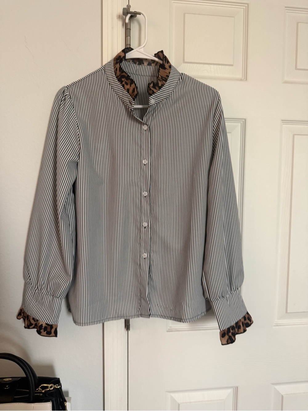 Striped Long-Sleeve Shirt with Leopard Trim - Black/White